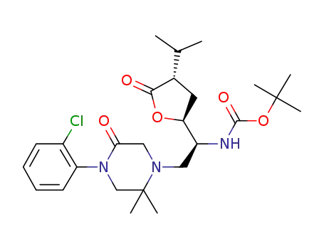 Molecular Structure of 1000046-88-7 (tert-butyl {(1S)-2-[4-(2-chlorophenyl)-2,2-dimethyl-5-oxopiperazin-1-yl]-1-[(2S,4S)-4-isopropyl-5-oxotetrahydrofuran-2-yl]ethyl}carbamate)