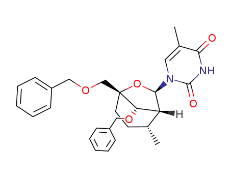 Molecular Structure of 945383-20-0 ((1R,2R,5R,7R,8S)-8-benzyloxy-5-benzyloxymethyl-2-methyl-7-(thymin-1-yl)-6-oxa-bicyclo[3.2.1]octane)