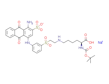 Molecular Structure of 638989-54-5 (1-amino-4-((3-((2-(((5S)-5-((1,1-dimethylethoxy)carbonylamino)-5-carboxypentyl)amino)ethyl)sulfonyl)phenyl)amino)-9,10-dioxo-9,10-dihydro-2-anthracenesulfonic acid sodium salt)