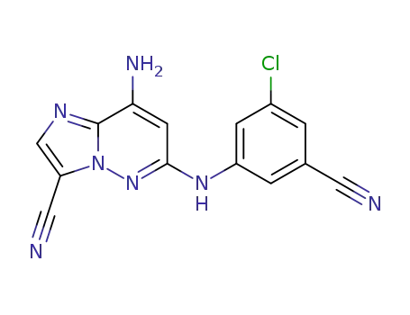 Molecular Structure of 1220628-11-4 (8-amino-6-((3-chloro-5-cyanophenyl)amino)imidazo[1,2-b]pyridazine-3-carbonitrile)