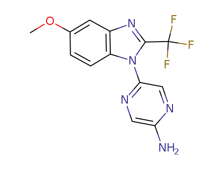 Molecular Structure of 950845-99-5 (5-(2-(TRIFLUOROMETHYL)-5-METHOXY-1H-BENZO[D]IMIDAZOL-1-YL)-PYRAZIN-2-AMINE)