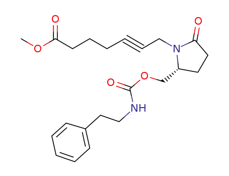 Molecular Structure of 685835-32-9 (7-((R)-2-Oxo-5-phenethylcarbamoyloxymethyl-pyrrolidin-1-yl)-hept-5-ynoic acid methyl ester)