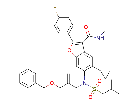 Molecular Structure of 1378429-52-7 (6-(N-(2-(benzyloxymethyl)allyl)-2-methylpropylsulfonamido)-5-cyclopropyl-2-(4-fluorophenyl)-N-methylbenzofuran-3-carboxamide)