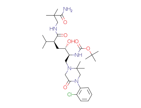Molecular Structure of 1000046-90-1 (tert-butyl {(2S,3S,5S)-5-[(3-amino-2,2-dimethyl-3-oxopropyl)carbamoyl]-1-[4-(2-chlorophenyl)-2,2-dimethyl-5-oxopiperazin-1-yl]-3-hydroxy-6-methylheptan-2-yl}carbamate)