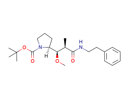 Molecular Structure of 149606-89-3 (1-Pyrrolidinecarboxylic acid,
2-[(1R,2R)-1-methoxy-2-methyl-3-oxo-3-[(2-phenylethyl)amino]propyl]-,
1,1-dimethylethyl ester, (2S)-)