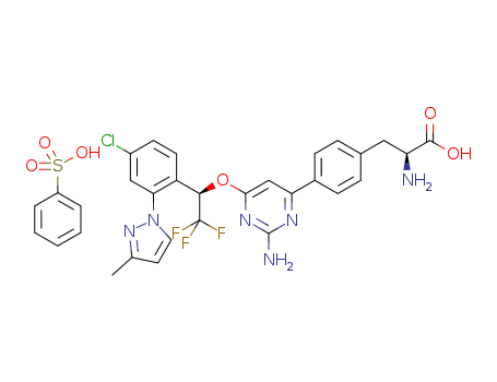(S)-2-amino-3-(4-(2-amino-6-((R)-1-(4-chloro-2-(3-methyl-1H-pyrazol-1-yl)phenyl)-2,2,2-trifluoroethoxy)pyrimidin-4-yl)phenyl)propanoic acid benzenesulfonic acid