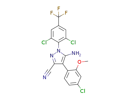 Molecular Structure of 1373210-81-1 (5-amino-4-(4-chloro-2-methoxyphenyl)-1-(2,6-dichloro-4-(trifluoromethyl)phenyl)-1H-pyrazole-3-carbonitrile)