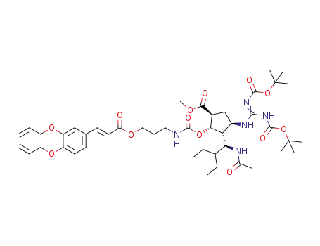 Molecular Structure of 1469338-58-6 ((1S,2S,3R,4R)-methyl-3-((S)-1-acetamido-2-ethylbutyl)-4-(2,3-bis(tert-butoxycarbonyl)guanidino)-2-(((3-(((E)-3-(3,4-bis(allyloxy)phenyl)acryloyl)oxy)propyl)carbamoyl)oxy)cyclopentanecarboxylate)
