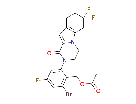 Molecular Structure of 1433990-15-8 (2-bromo-6-(7,7-difluoro-1-oxo-3,4,6,7,8,9-hexahydropyrazino[1,2-a]indol-2(1H)-yl)-4-fluorobenzyl Acetate)