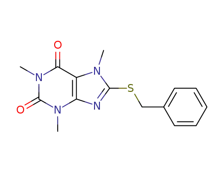 Molecular Structure of 24851-28-3 (8-(benzylsulfanyl)-1,3,7-trimethyl-3,7-dihydro-1H-purine-2,6-dione)