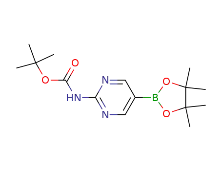 Molecular Structure of 1032758-88-5 (2-(tert-Butoxycarbonylamino)pyrimidine-5-boronic acid, pinacol ester)