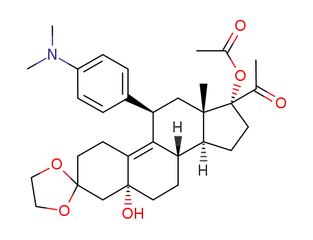 Molecular Structure of 730962-28-4 (3,3-ethylenedioxy-5α-hydroxy-17α-acetoxy-11β-4-(N,,N-dimethylaminophenyl)-19-norpregna-9-en-20-one)
