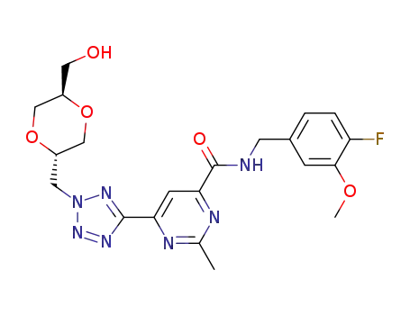 Molecular Structure of 1112169-64-8 (4-Pyrimidinecarboxamide, N-[(4-fluoro-3-methoxyphenyl)methyl]-6-[2-[[(2S,5R)-5-(hydroxymethyl)-1,4-dioxan-2-yl]methyl]-2H-tetrazol-5-yl]-2-methyl-)
