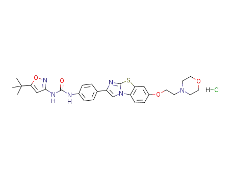 Molecular Structure of 950769-62-7 (N-[5-(1,1-Dimethylethyl)-3-isoxazolyl]-N'-[4-[7-[2-(4-morpholinyl)ethoxy]imidazo[2,1-b]benzothiazol-2-yl]phenyl]urea hydrochloride)
