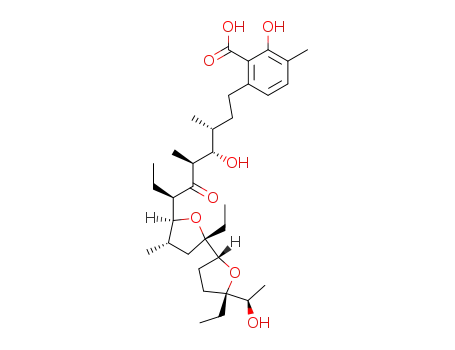 Molecular Structure of 54156-67-1 (6-[(3R,4S,5S,7R)-7-[(2S,2'R,4S,5S,5'S)-2,5'-Diethyloctahydro-5'-[(R)-1-hydroxyethyl]-4-methyl[2,2'-bifuran]-5-yl]-4-hydroxy-3,5-dimethyl-6-oxononyl]-2-hydroxy-3-methylbenzoic acid)
