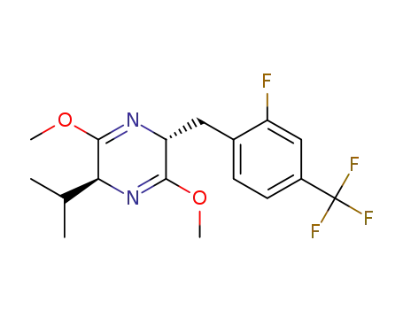 Molecular Structure of 486460-04-2 (Pyrazine,
2-[[2-fluoro-4-(trifluoromethyl)phenyl]methyl]-2,5-dihydro-3,6-dimethoxy-
5-(1-methylethyl)-, (2R,5S)-)