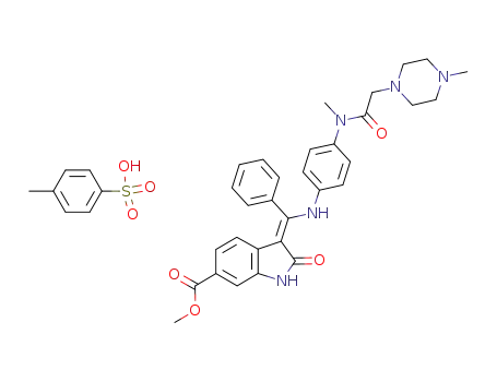 Molecular Structure of 959761-81-0 (methyl (3Z)-3-{[(4-{methyl[(4-methylpiperazin-1-yl)acetyl]amino}phenyl)amino](phenyl)methylidene}-2-oxo-2,3-dihydro-1H-indole-6-carboxylate p-toluenesulfonic acid salt)