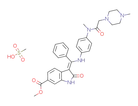 Molecular Structure of 790241-30-4 (methyl (3Z)-3-{[(4-{methyl[(4-methylpiperazin-1-yl)acetyl]amino}phenyl)amino](phenyl)methylidene}-2-oxo-2,3-dihydro-1H-indole-6-carboxylate methanesulfonic acid salt)