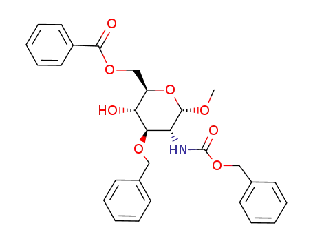 Molecular Structure of 87907-36-6 (Methyl2-deoxy-2-[[(phenylmethoxy)carbonyl]amino]-3-O-(phenylmethyl)-alpha-D-glucopyranoside6-benzoate)