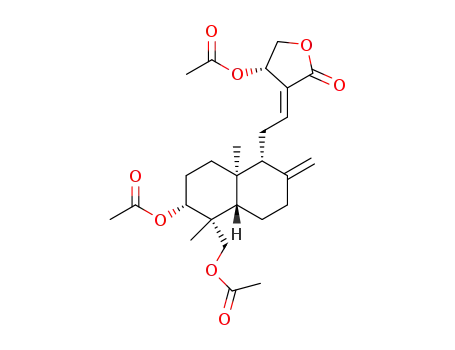Molecular Structure of 79233-05-9 ((1R,2R,4aS,5R,8aS)-5-((E)-2-((S)-4-acetoxy-2-oxodihydrofuran-3(2H)-ylidene)ethyl)-1-(acetoxymethyl)-1, 4a-dimethyl-6-methylenedecahydronaphthalen-2-yl acetate)
