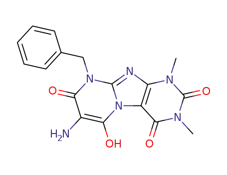 Molecular Structure of 102212-59-9 (Pyrimido[2,1-f]purine-2,4,8(1H,3H,9H)-trione,  7-amino-6-hydroxy-1,3-dimethyl-9-(phenylmethyl)-)