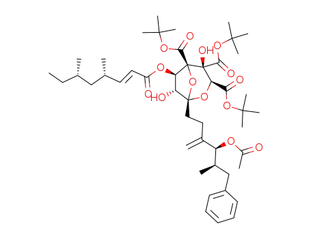 Molecular Structure of 144358-24-7 (<1S-<1α(4R*,5R*),3α,4β,5α,6α(2E,4R*,6R*),7β>>-1-<4-(acetyloxy)-5-methyl-3-methylene-6-phenylhexyl>4,6,7-trihydroxy-2,8-dioxabicyclo<3.2.1>octane-3,4,5-tricarboxylic acid, 6-(4,6-dimethyl-2-octenoate), 3,4,5-tris(1,1-dimethylethyl) ester)