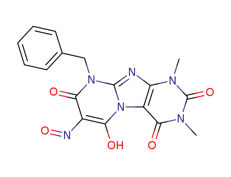 Molecular Structure of 102212-89-5 (Pyrimido[2,1-f]purine-2,4,8(1H,3H,9H)-trione,  6-hydroxy-1,3-dimethyl-7-nitroso-9-(phenylmethyl)-)