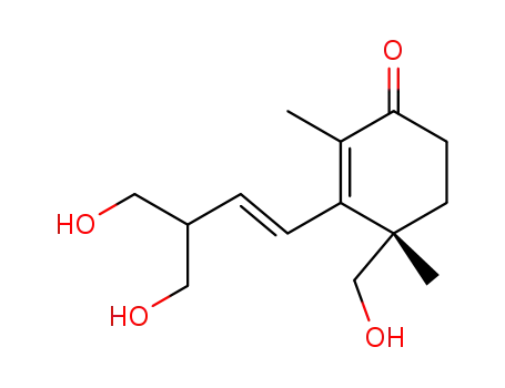 Molecular Structure of 117479-71-7 (2-Cyclohexen-1-one,3-[(1E)-4-hydroxy-3-(hydroxymethyl)-1-buten-1-yl]-4-(hydroxymethyl)-2,4-dimethyl-,(4S)-)