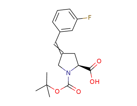 Molecular Structure of 686766-64-3 (1,2-Pyrrolidinedicarboxylic acid, 4-[(3-fluorophenyl)methylene]-,
1-(1,1-dimethylethyl) ester, (2S)-)