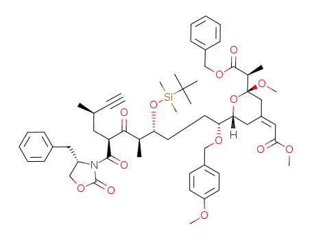 Molecular Structure of 245736-59-8 (2-{6-[7-(4-benzyl-2-oxo-oxazolidine-3-carbonyl)-4-(<i>tert</i>-butyl-dimethyl-silanyloxy)-1-(4-methoxy-benzyloxy)-5,9-dimethyl-6-oxo-undec-10-ynyl]-2-methoxy-4-methoxycarbonylmethylene-tetrahydro-pyran-2-yl}-propionic acid benzyl ester)