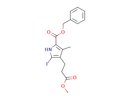 Molecular Structure of 31896-87-4 (1H-Pyrrole-3-propanoic acid,
2-iodo-4-methyl-5-[(phenylmethoxy)carbonyl]-, methyl ester)