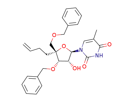 Molecular Structure of 945383-16-4 (1-[3,5-di-O-benzyl-4-C-penten-yl-2-hydroxy-β-D-ribofuranosyl]-thymine)