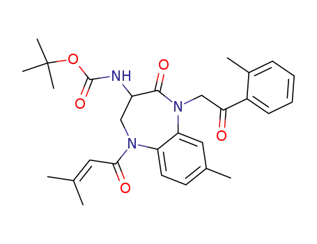 Molecular Structure of 209222-51-5 (1-(2-toluoylmethyl)-2-oxo-3-tert-butoxycarbonylamino-5-(3-methyl-2-butenoyl)-8-methyl-1,3,4,5-tetrahydro-2H-1,5-benzodiazepine)
