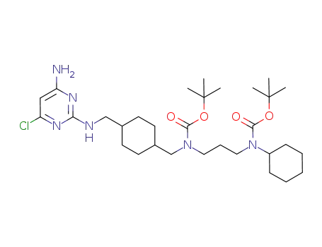 Molecular Structure of 917022-13-0 (Carbamic acid, N-[[trans-4-[[(4-amino-6-chloro-2-pyrimidinyl)amino]methyl]cyclohexyl]methyl]-N-[3-[cyclohexyl[(1,1-dimethylethoxy)carbonyl]amino]propyl]-, 1,1-dimethylethyl ester)