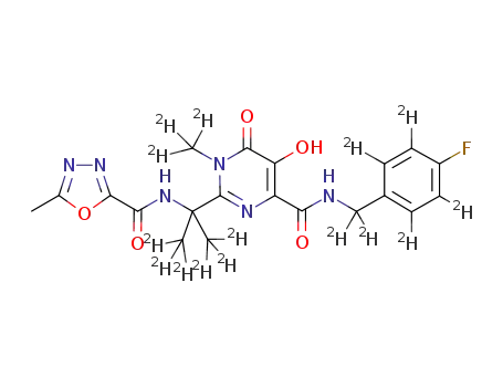 Molecular Structure of 1100751-07-2 (N-(2-(4-(4-fluoro(benzyl-d6)carbamoyl)-5-hydroxy-1-(methyl-d3)-6-oxo-1,6-dihydropyrimidin-2-yl)-(1,3-d6-propan)-2-yl)-5-methyl-1,3,4-oxadiazole-2-carboxamide)