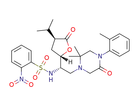 Molecular Structure of 1000047-42-6 (N-{(S)-2-[2,2-dimethyl-4-(2-methylphenyl)-5-oxopiperazin-1-yl]-1-[(2S,4S)-4-isopropyl-5-oxotetrahydrofuran-2-yl]ethyl}-2-nitrobenzenesulfonamide)