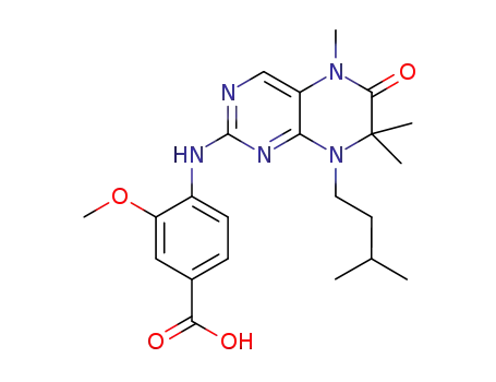 Molecular Structure of 755039-66-8 (Benzoic acid,
3-methoxy-4-[[5,6,7,8-tetrahydro-5,7,7-trimethyl-8-(3-methylbutyl)-6-oxo-
2-pteridinyl]amino]-)
