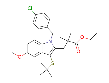 Molecular Structure of 154325-76-5 (1H-Indole-2-propanoic acid, 1-[(4-chlorophenyl)methyl]-3-[(1,1-dimethylethyl)thio]-5-methoxy-ethyl ester)