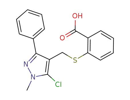 Molecular Structure of 318234-17-2 (2-([(5-CHLORO-1-METHYL-3-PHENYL-1H-PYRAZOL-4-YL)METHYL]SULFANYL)BENZENECARBOXYLIC ACID)