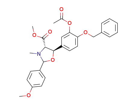 Molecular Structure of 821006-10-4 (4-Oxazolidinecarboxylic acid,
5-[3-(acetyloxy)-4-(phenylmethoxy)phenyl]-2-(4-methoxyphenyl)-3-methyl
-, methyl ester, (4S,5R)-)