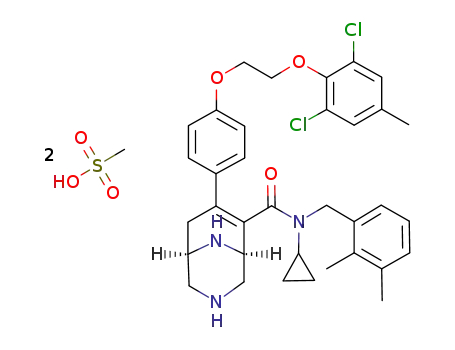 Molecular Structure of 1041439-02-4 (3,9-Diazabicyclo[3.3.1]non-6-ene-6-carboxamide, N-cyclopropyl-7-[4-[2-(2,6-dichloro-4-methylphenoxy)ethoxy]phenyl]-N-[(2,3-dimethylphenyl)methyl]-, (1R,5S)-, methanesulfonate (1:2))