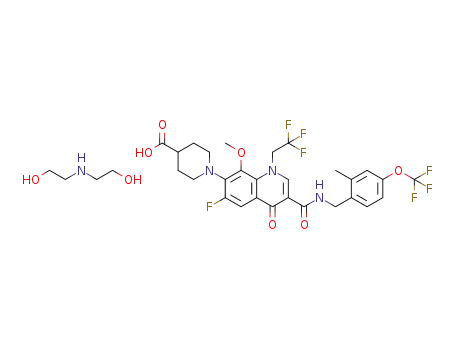 Molecular Structure of 945892-80-8 (1-[6-fluoro-8-methoxy-3-({[2-methyl-4-(trifluoromethoxy)benzyl]amino}carbonyl)-4-oxo-1-(2,2,2-trifluoroethyl)-1,4-dihydroquinolin-7-yl]piperidine-4-carboxylic acid diethanolamine salt)