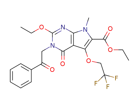 Molecular Structure of 1269119-28-9 (ethyl 2-ethoxy-7-methyl-4-oxo-3-(2-oxo-2-phenylethyl)-5-(2,2,2-trifluoroethoxy)-4,7-dihydro-3H-pyrrolo[2,3-d]pyrimidine-6-carboxylate)