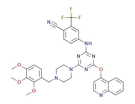 Molecular Structure of 1335018-42-2 (4-(4-(quinolin-4-yloxy)-6-(4-(2,3,4-trimethoxybenzyl)piperazin-1-yl)-1,3,5-triazin-2-ylamino)-2-trifluoromethyl-benzonitrile)