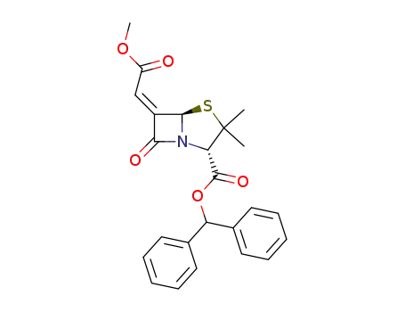 Molecular Structure of 167028-45-7 (4-Thia-1-azabicyclo[3.2.0]heptane-2-carboxylic acid,
6-(2-methoxy-2-oxoethylidene)-3,3-dimethyl-7-oxo-, diphenylmethyl
ester, (2S,5R,6Z)-)