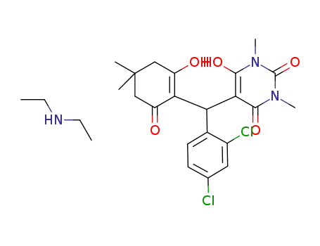 Molecular Structure of 1621511-19-0 (5-((2,4-dichlorophenyl)(2-hydroxy-4,4-dimethyl-6-oxocyclohex-1-en-1-yl)methyl)-1,3-dimethyl-2,6-dioxo-1,2,3,6-tetrahydropyrimidin-4-olate diethylaminium salt)