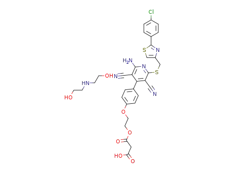 Molecular Structure of 1112459-39-8 (2-Hydroxy-N-(2-hydroxyethyl)ethanaminium 3-(2-{4-[2-amino-6-({[2-(4-chlorophenyl)-1,3-thiazol-4-yl]methyl}thio)-3,5-dicyanopyridin-4-yl]phenoxy}ethoxy)-3-oxopropanoate)
