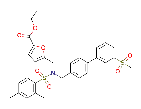 Molecular Structure of 1416153-62-2 (ethyl 5-((2,4,6-trimethyl-N-((3'-(methylsulfonyl)-[1,1'-biphenyl]-4-yl)methyl)phenylsulfonamido)methyl)furan-2-carboxylate)