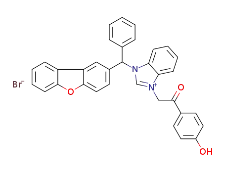 Molecular Structure of 1449604-73-2 (1-(dibenzo[b,d]furan-2-yl(phenyl)methyl)-3-(2-(4-hydroxyphenyl)-2-oxoethyl)-1H-benzo[d]imidazol-3-ium bromide)