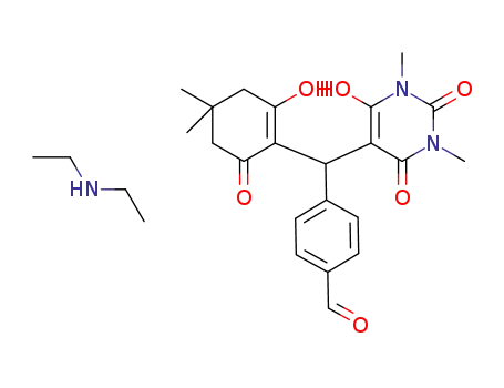 Molecular Structure of 1621511-22-5 (4-((6-hydroxy-1,3-dimethyl-2,4-dioxo-1,2,3,4-tetrahydropyrimidin-5-yl)(2-hydroxy-4,4-dimethyl-6-oxocyclohex-1-en-1-yl)methyl)benzaldehyde diethylaminium salt)